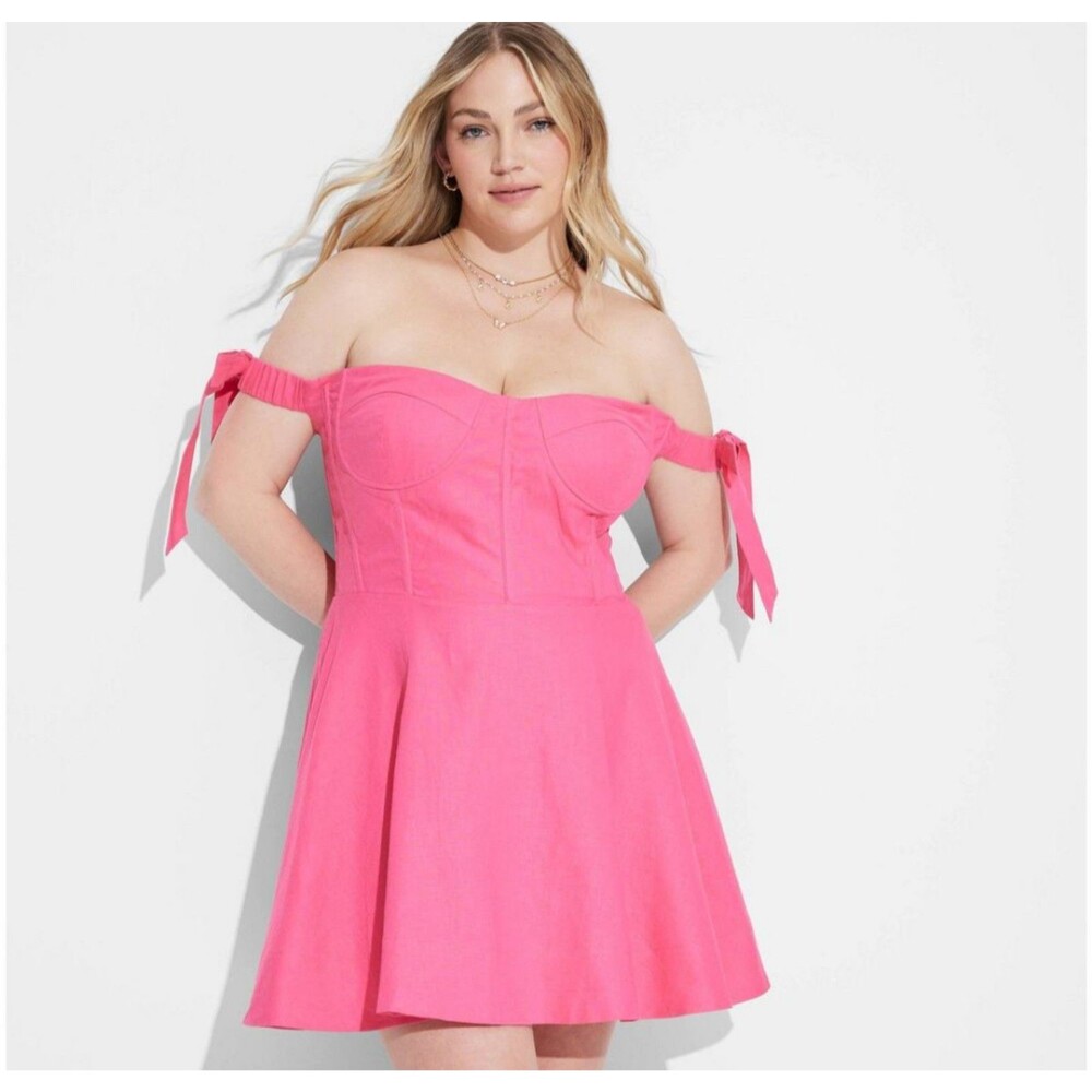 Women's Megan Moroney Off the Shoulder Skater Mini Dress Pink Fuchsia Large